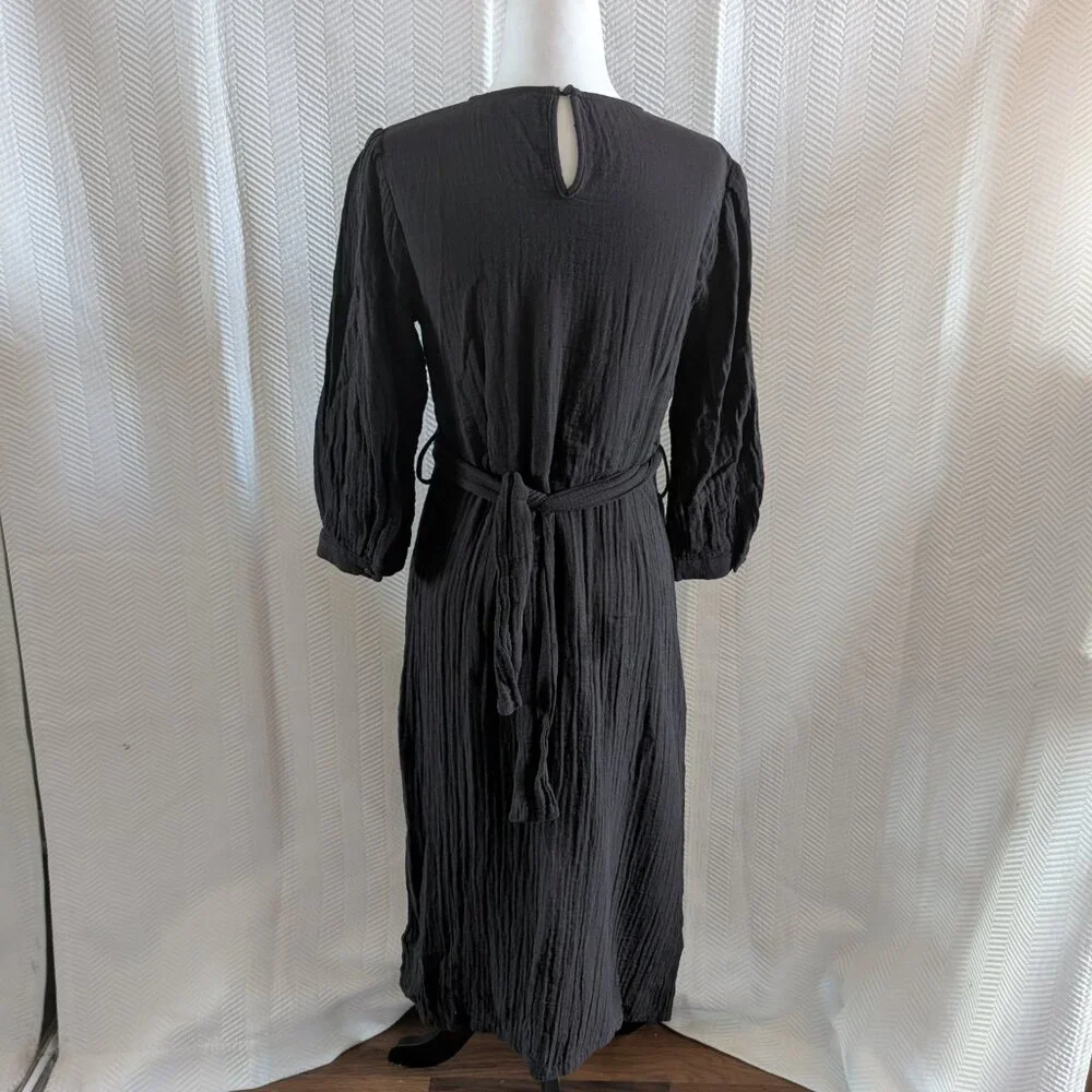 Zara Black Cotton Gauze Midi Dress with Slits and Back Tie Size Small Minimalist - Picture 2 of 12